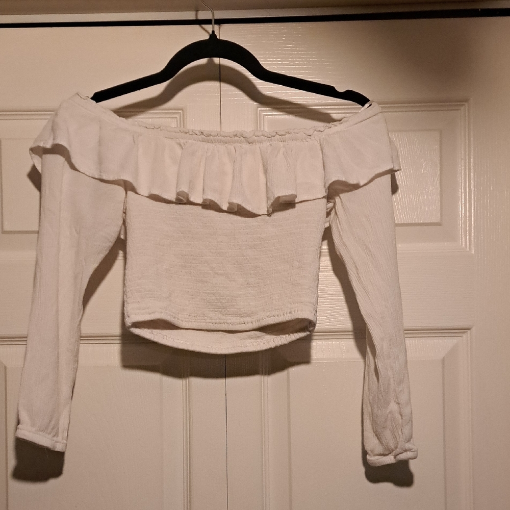 🎐Off-Shoulder White Ruffle Long-Sleeve Crop Top Sexy & hot for summer Petite